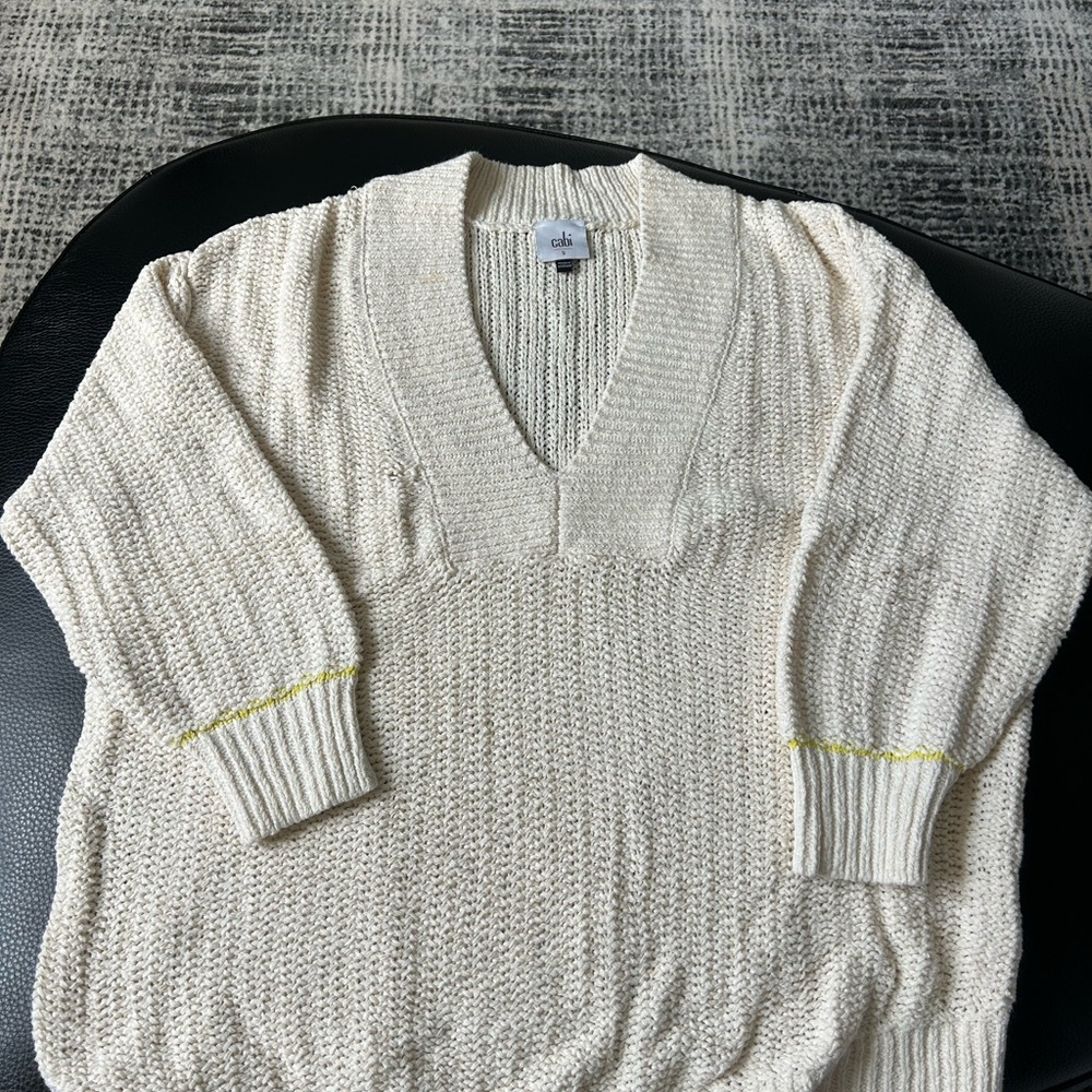 CAbi Cream V-Neck Sweater with Yellow Accents